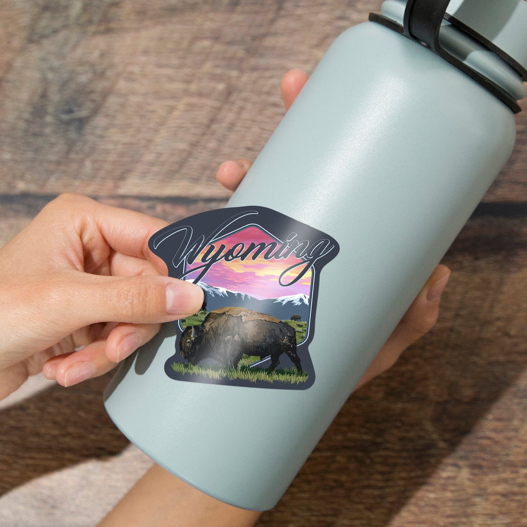Wyoming, Bison and Sunset, Contour, Vinyl Sticker Sticker Lantern Press 