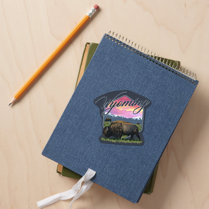 Wyoming, Bison and Sunset, Contour, Vinyl Sticker Sticker Lantern Press 