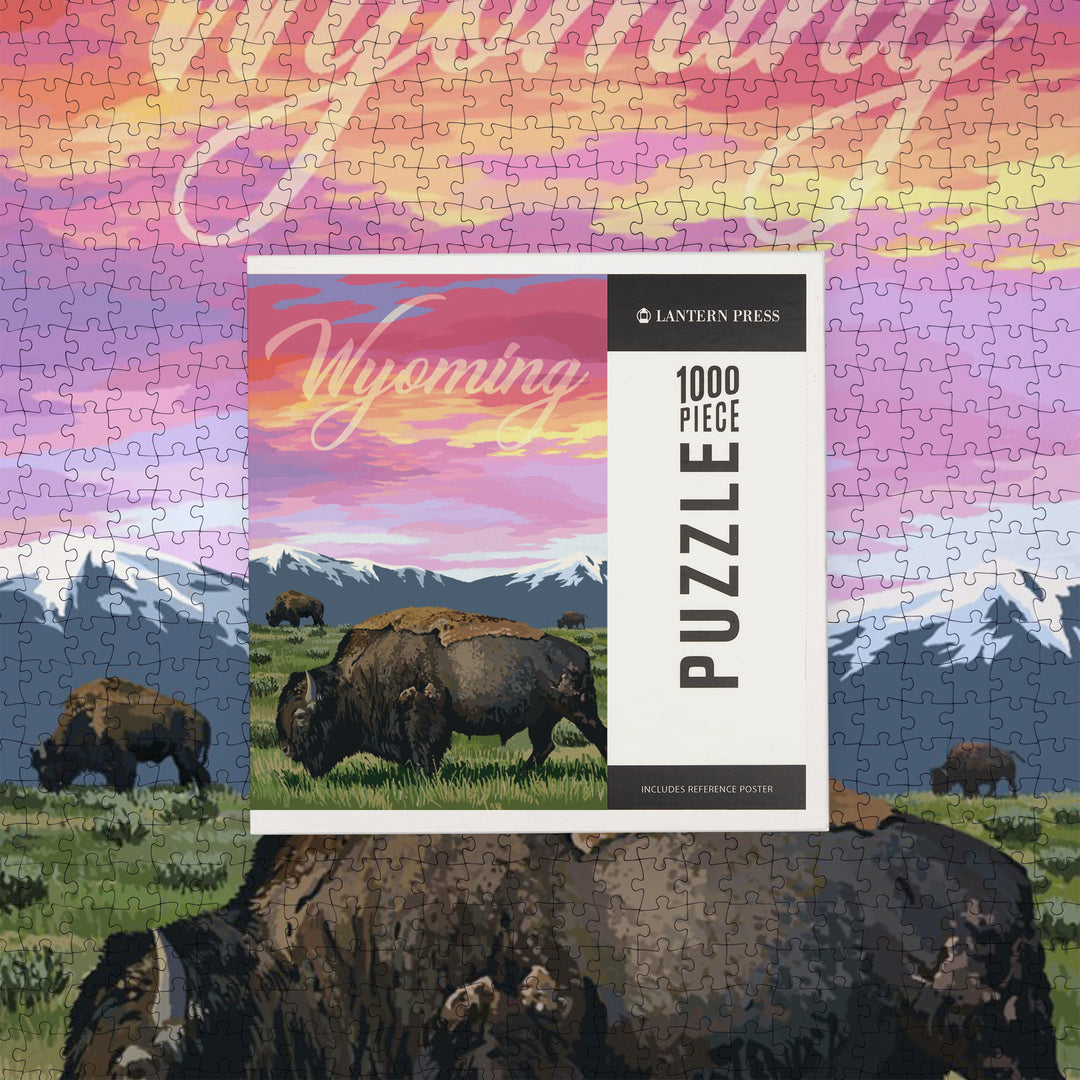 Wyoming, Bison and Sunset, Jigsaw Puzzle Puzzle Lantern Press 