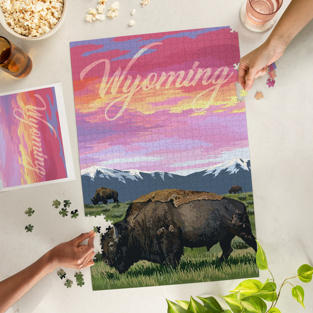 Wyoming, Bison and Sunset, Jigsaw Puzzle Puzzle Lantern Press 