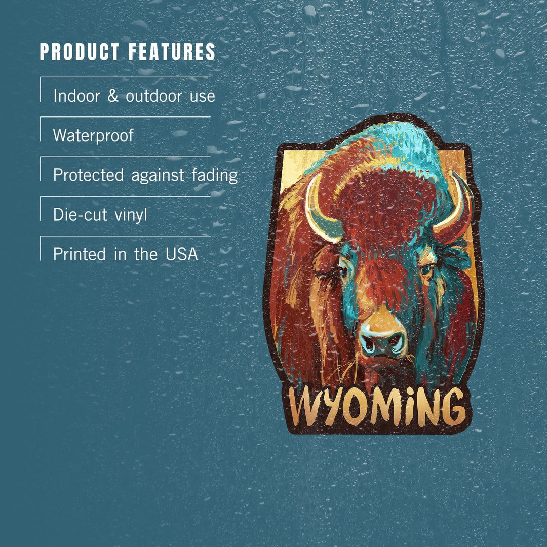 Wyoming, Bison, Vivid, Contour, Lantern Press Artwork, Vinyl Sticker Sticker Lantern Press 