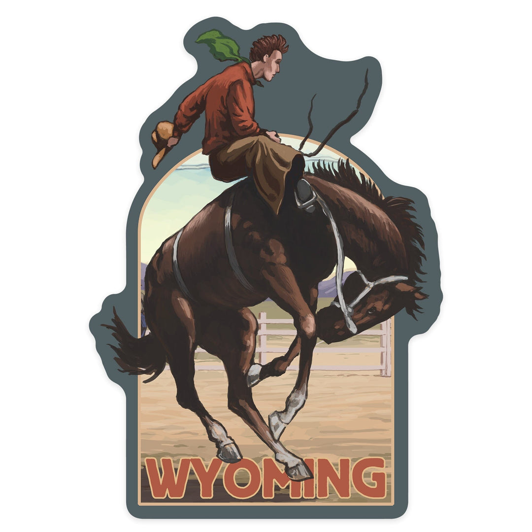 Wyoming, Cowboy and Bronco Scene, Contour, Vinyl Sticker Sticker Lantern Press 