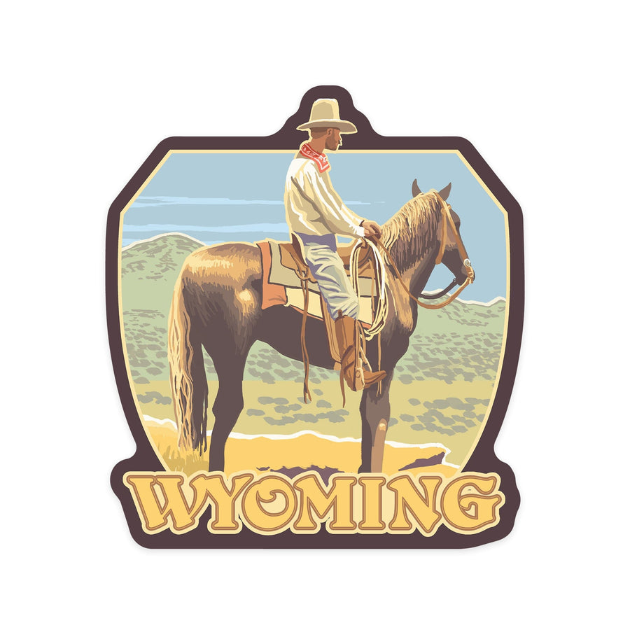 Wyoming, Cowboy Side View, Contour, Lantern Press Artwork, Vinyl Sticker Sticker Lantern Press 