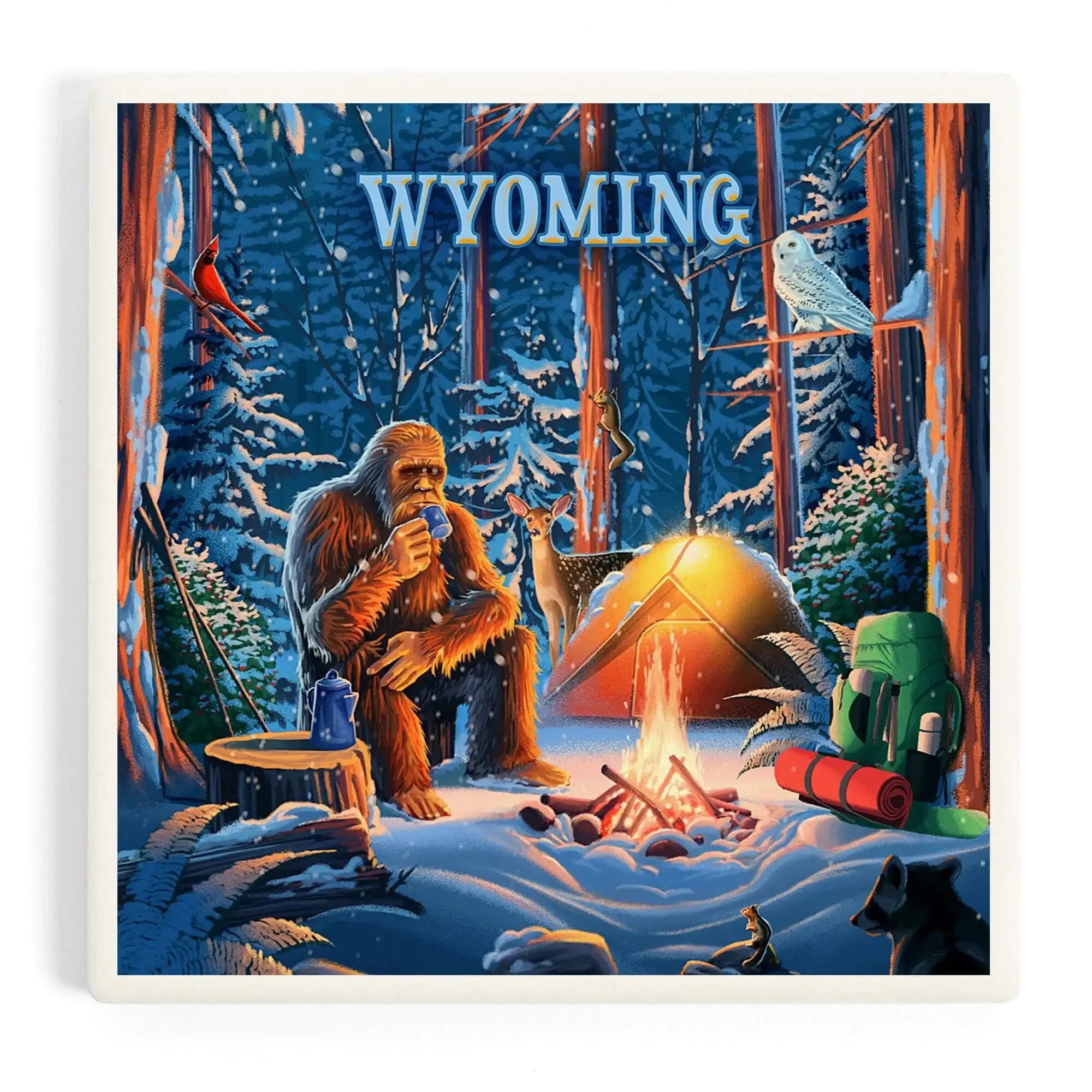Wyoming, Find Your Inner Squatch, Camping Bigfoot ceramic coaster