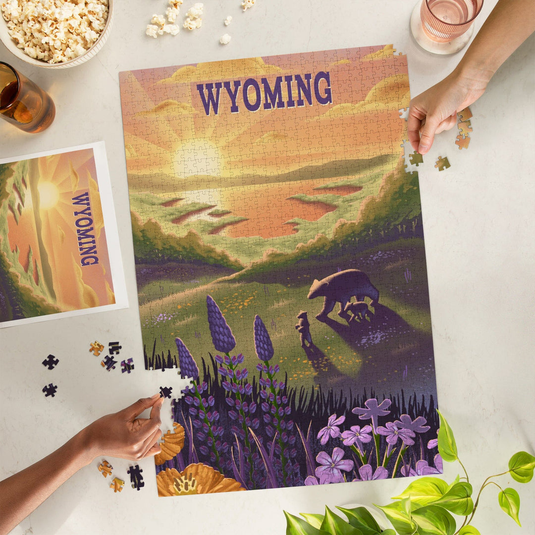 Wyoming, Lithograph, Bear and Spring Flowers, Lake, Jigsaw Puzzle Puzzle Lantern Press 