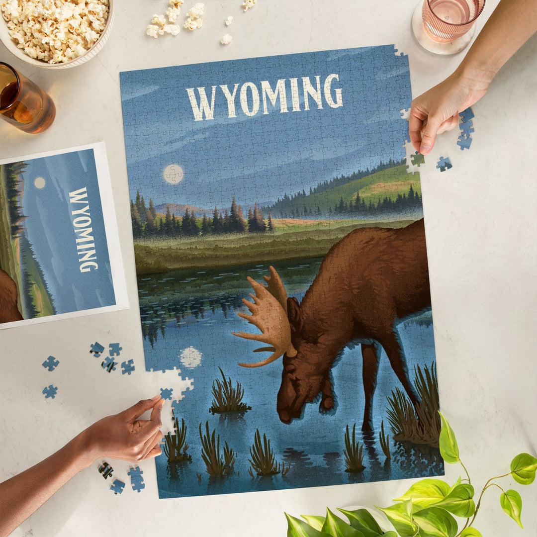 Wyoming, Lithograph, Reflection Pond and Bull Moose, Jigsaw Puzzle Puzzle Lantern Press 