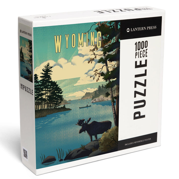 Wyoming, Moose and Lake, Lithograph, Jigsaw Puzzle Puzzle Lantern Press 