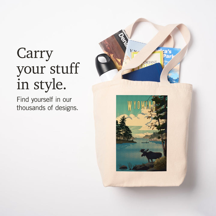 Wyoming, Moose and Lake, Lithograph, Tote Bag Totes Lantern Press 