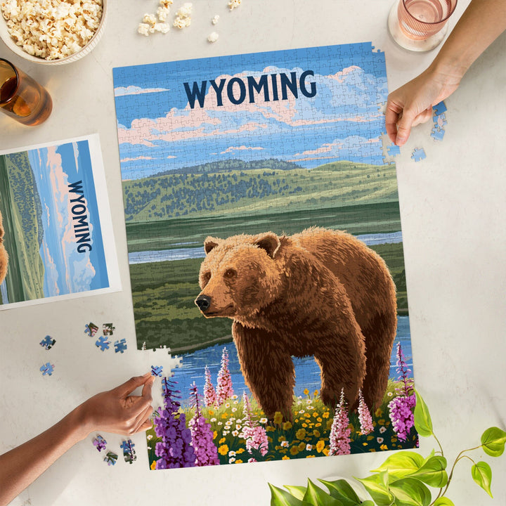 Wyoming, Painterly, Grizzly Bear in Meadow, Jigsaw Puzzle Puzzle Lantern Press 