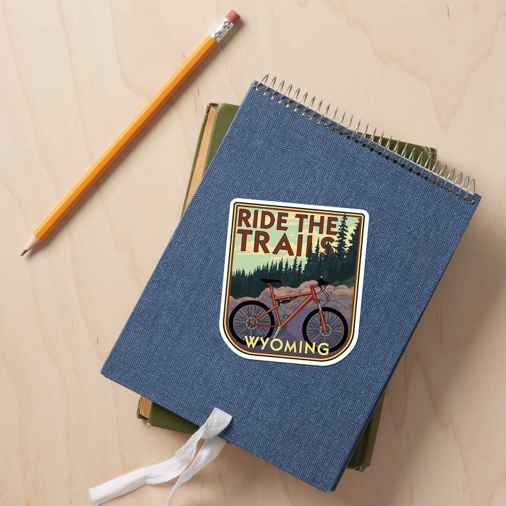 Wyoming, Ride the Trails, Mountain Bike Scene, Contour, Vinyl Sticker Sticker Lantern Press 