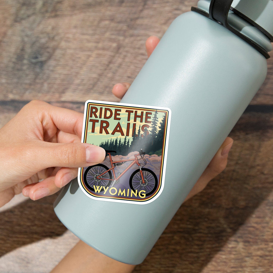 Wyoming, Ride the Trails, Mountain Bike Scene, Contour, Vinyl Sticker Sticker Lantern Press 