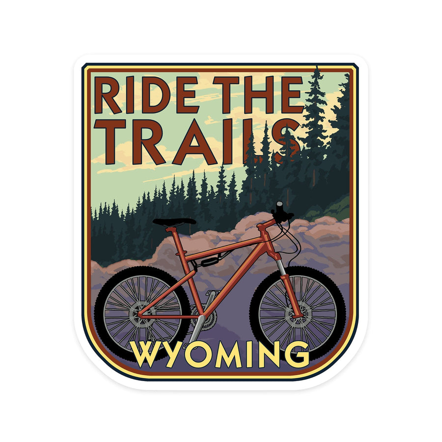 Wyoming, Ride the Trails, Mountain Bike Scene, Contour, Vinyl Sticker Sticker Lantern Press 