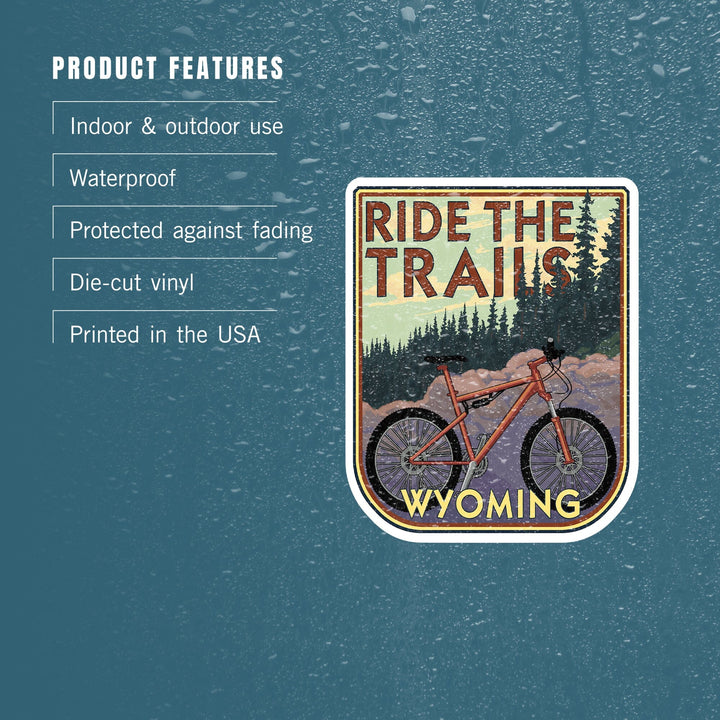 Wyoming, Ride the Trails, Mountain Bike Scene, Contour, Vinyl Sticker Sticker Lantern Press 