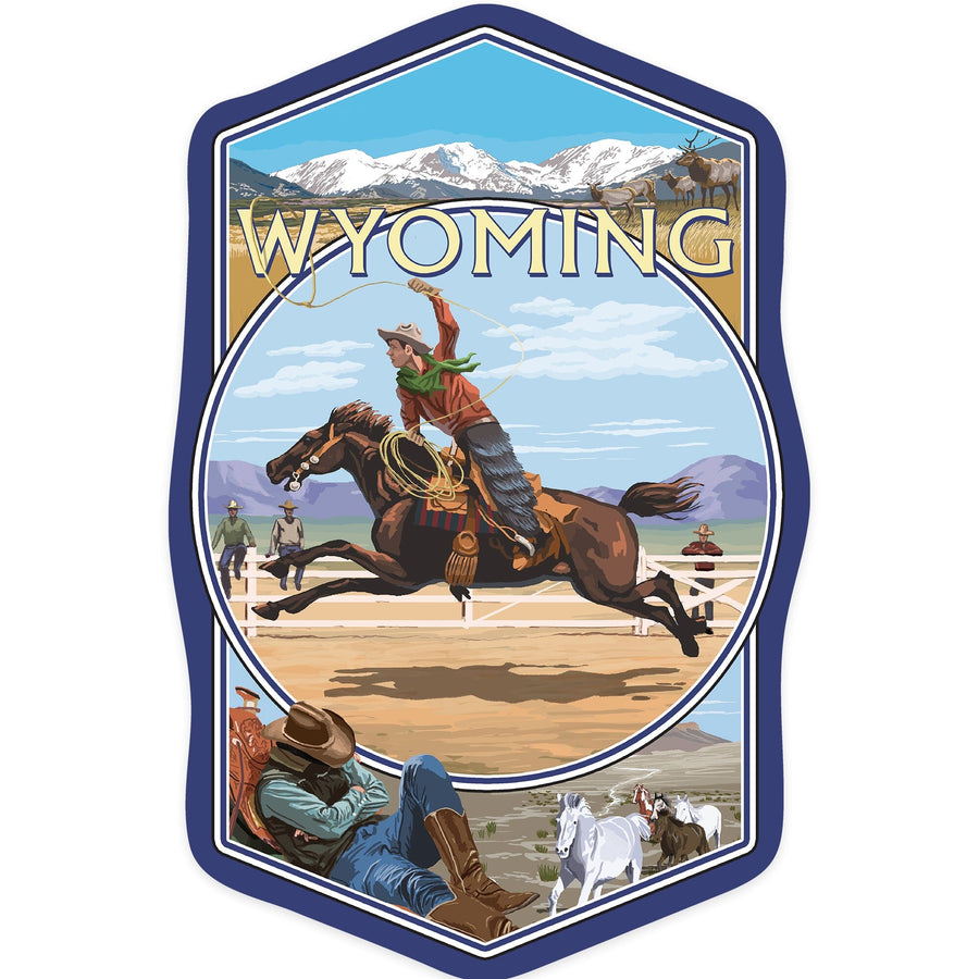 Wyoming, Rodeo Cowboy Montage, Contour, Vinyl Sticker Sticker Lantern Press 