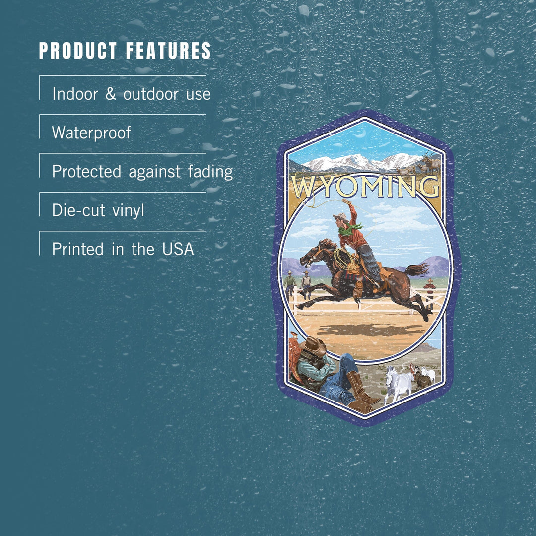 Wyoming, Rodeo Cowboy Montage, Contour, Vinyl Sticker Sticker Lantern Press 