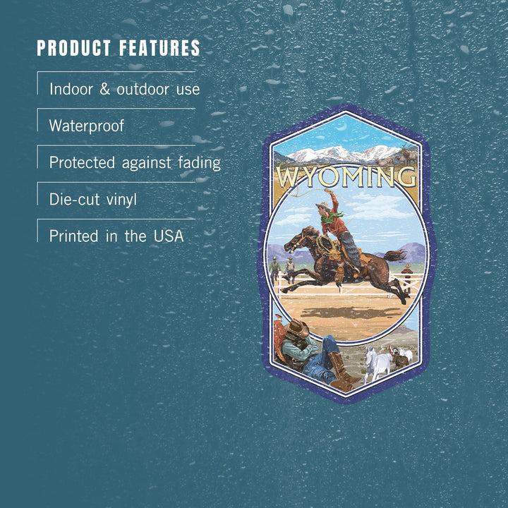 Wyoming, Rodeo Cowboy Montage, Contour, Vinyl Sticker Sticker Lantern Press 