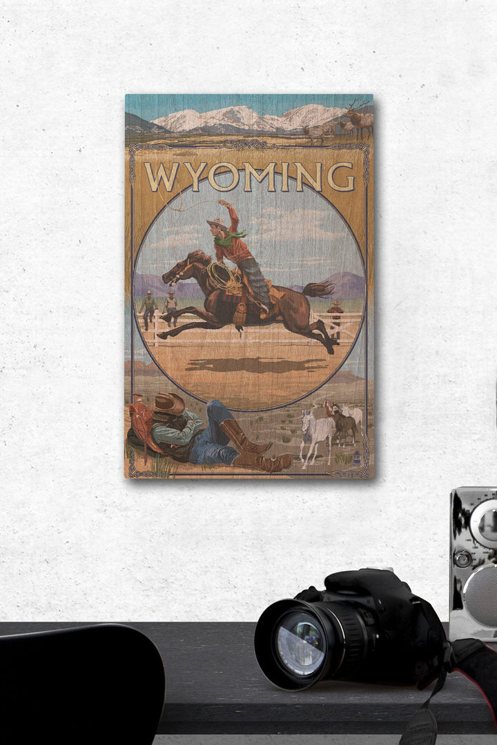 Wyoming, Rodeo Cowboy Montage, Lantern Press Artwork, Wood Signs and Postcards Wood Lantern Press 12 x 18 Wood Gallery Print 