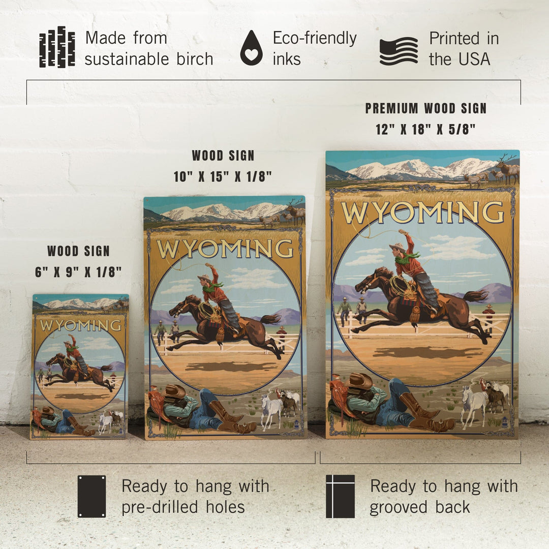 Wyoming, Rodeo Cowboy Montage, Lantern Press Artwork, Wood Signs and Postcards Wood Lantern Press 