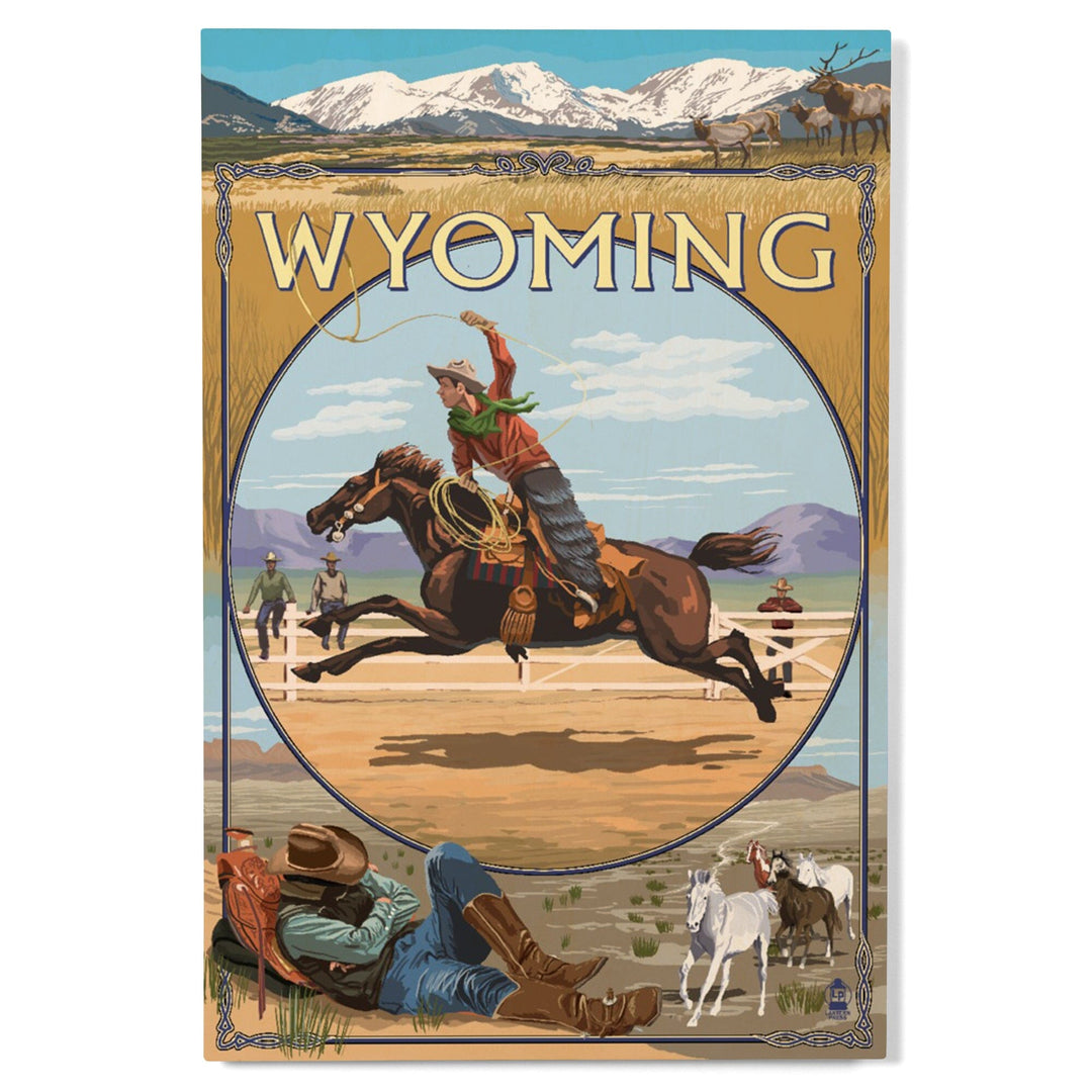 Wyoming, Rodeo Cowboy Montage, Lantern Press Artwork, Wood Signs and Postcards Wood Lantern Press 