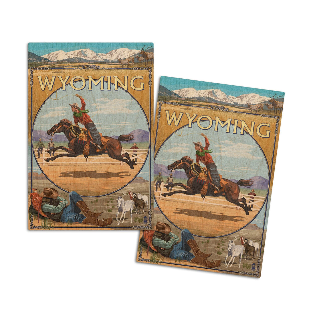 Wyoming, Rodeo Cowboy Montage, Lantern Press Artwork, Wood Signs and Postcards Wood Lantern Press 4x6 Wood Postcard Set 