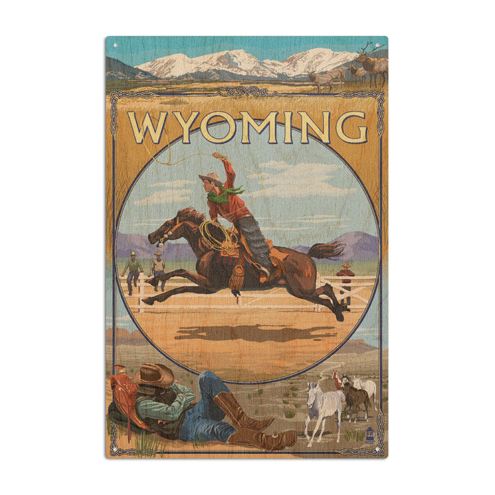 Wyoming, Rodeo Cowboy Montage, Lantern Press Artwork, Wood Signs and Postcards Wood Lantern Press 6x9 Wood Sign 