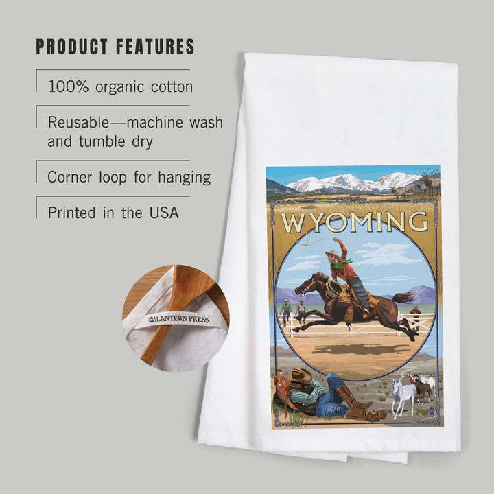 Wyoming, Rodeo Cowboy Montage, Organic Cotton Kitchen Tea Towels Kitchen Lantern Press 