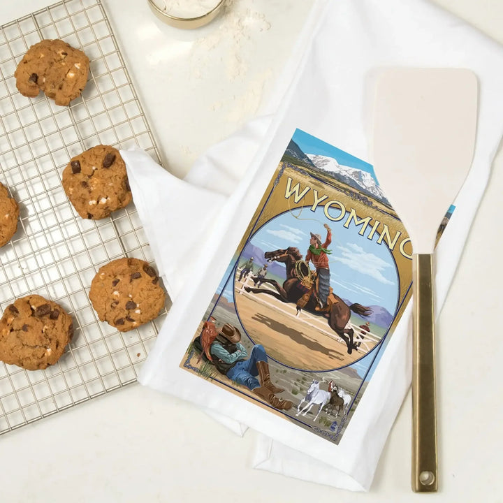 Wyoming, Rodeo Cowboy Montage, Organic Cotton Kitchen Tea Towels Kitchen Lantern Press 
