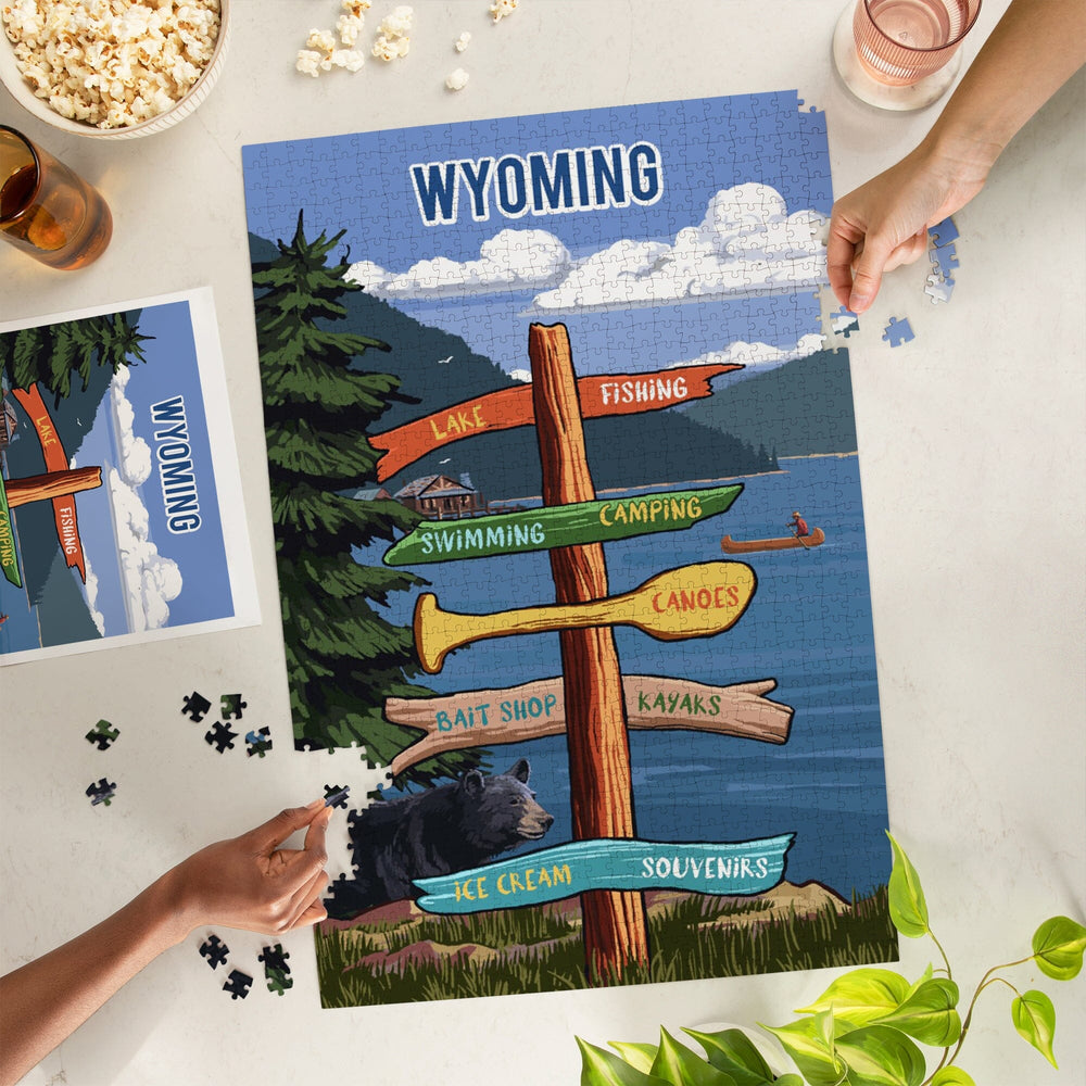 Wyoming, Signpost, Lake and Bear, Jigsaw Puzzle Puzzle Lantern Press 