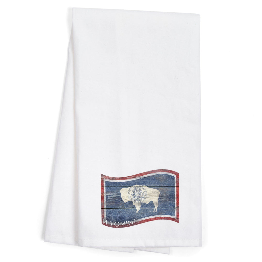 Wyoming, State Flag, Contour, Rustic Painting, Organic Cotton Kitchen Tea Towels Kitchen Lantern Press 