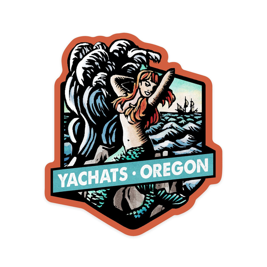 Yachats, Oregon, Mermaid, Scratchboard, Contour, Vinyl Sticker Sticker Lantern Press 