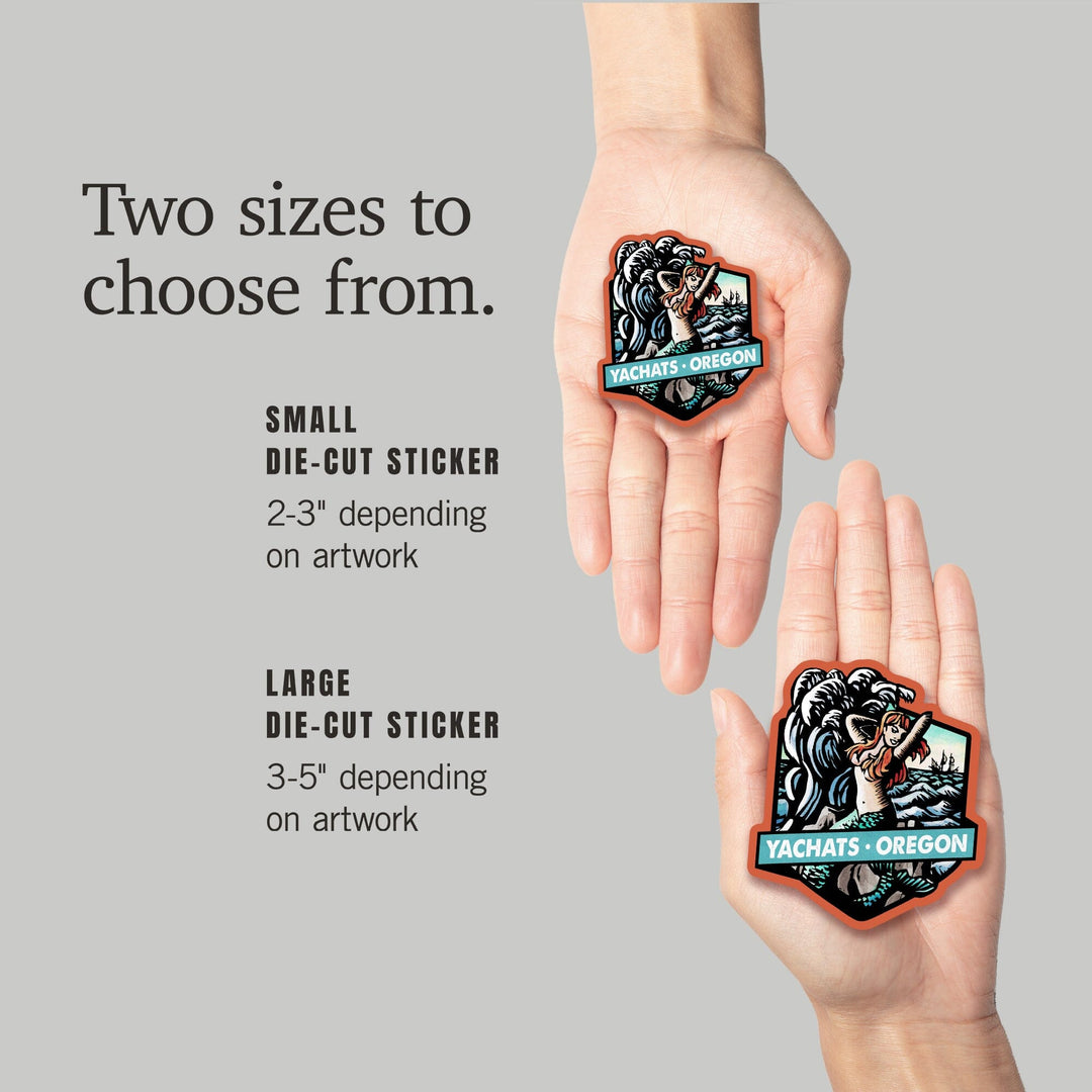 Yachats, Oregon, Mermaid, Scratchboard, Contour, Vinyl Sticker Sticker Lantern Press 