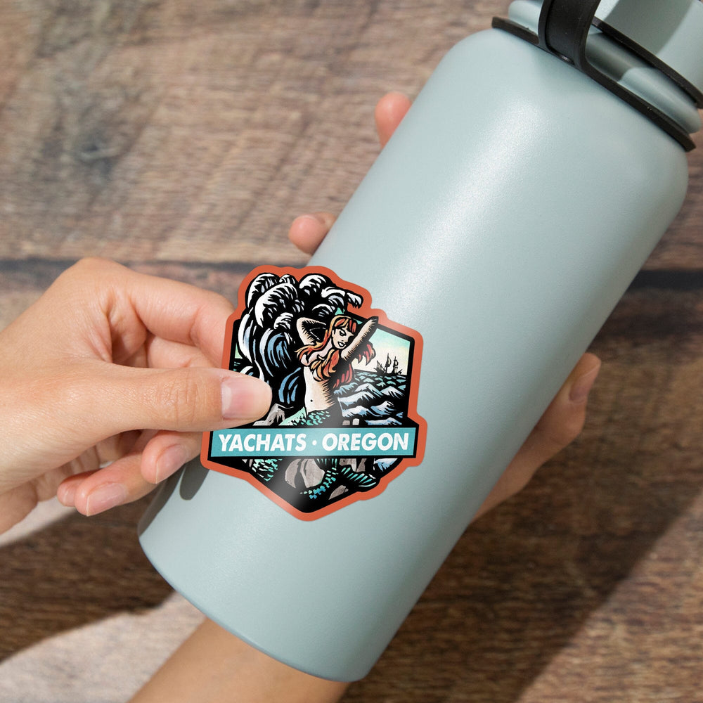 Yachats, Oregon, Mermaid, Scratchboard, Contour, Vinyl Sticker Sticker Lantern Press 