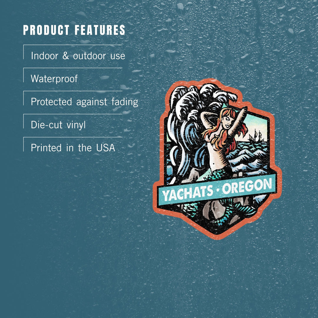 Yachats, Oregon, Mermaid, Scratchboard, Contour, Vinyl Sticker Sticker Lantern Press 