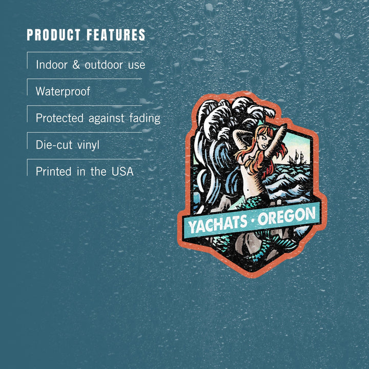 Yachats, Oregon, Mermaid, Scratchboard, Contour, Vinyl Sticker Sticker Lantern Press 