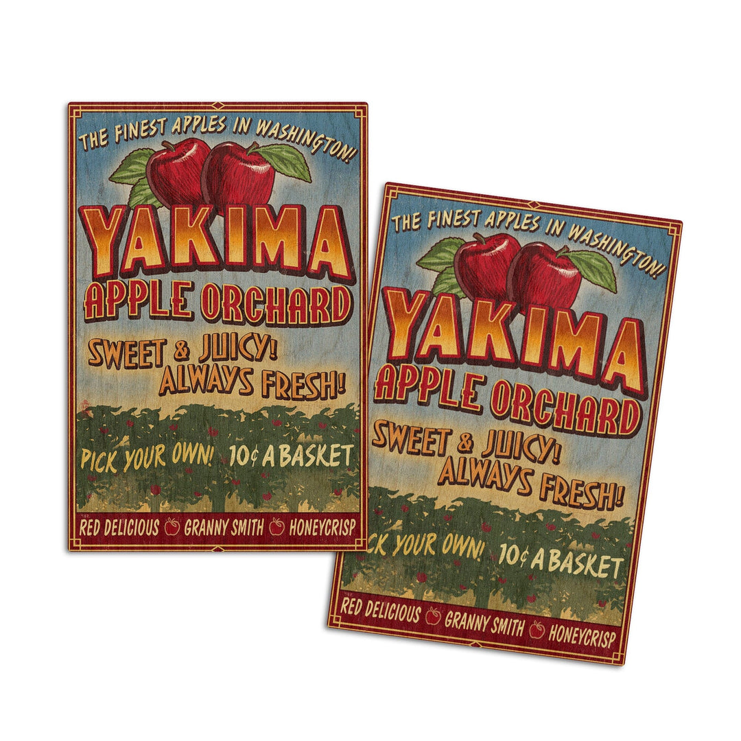 Yakima, Washington, Apple Orchard Vintage Sign, Lantern Press Artwork, Wood Signs and Postcards Wood Lantern Press 4x6 Wood Postcard Set 
