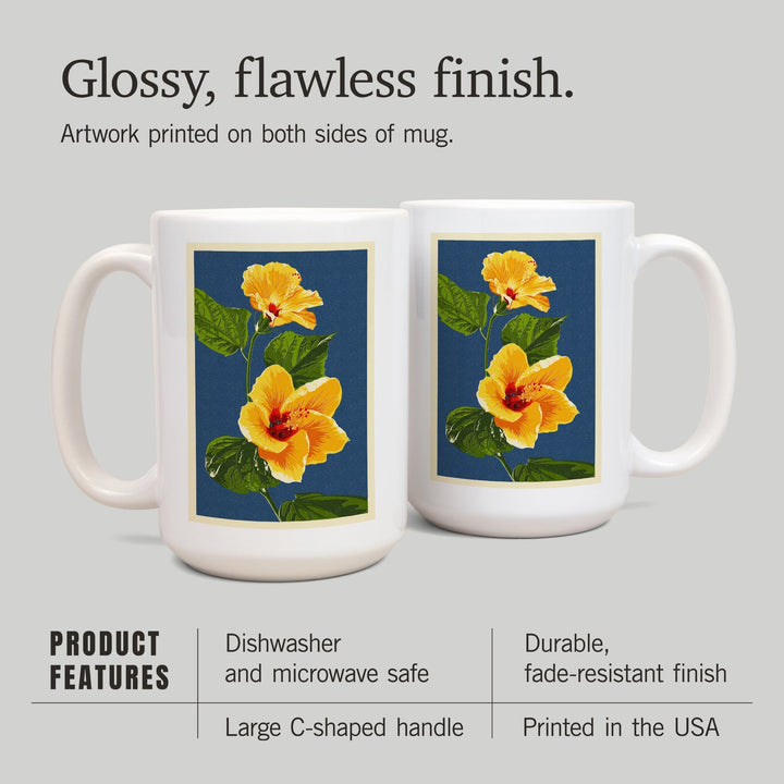 Yellow Hibiscus, Letterpress, Ceramic Mug Mugs Lantern Press 