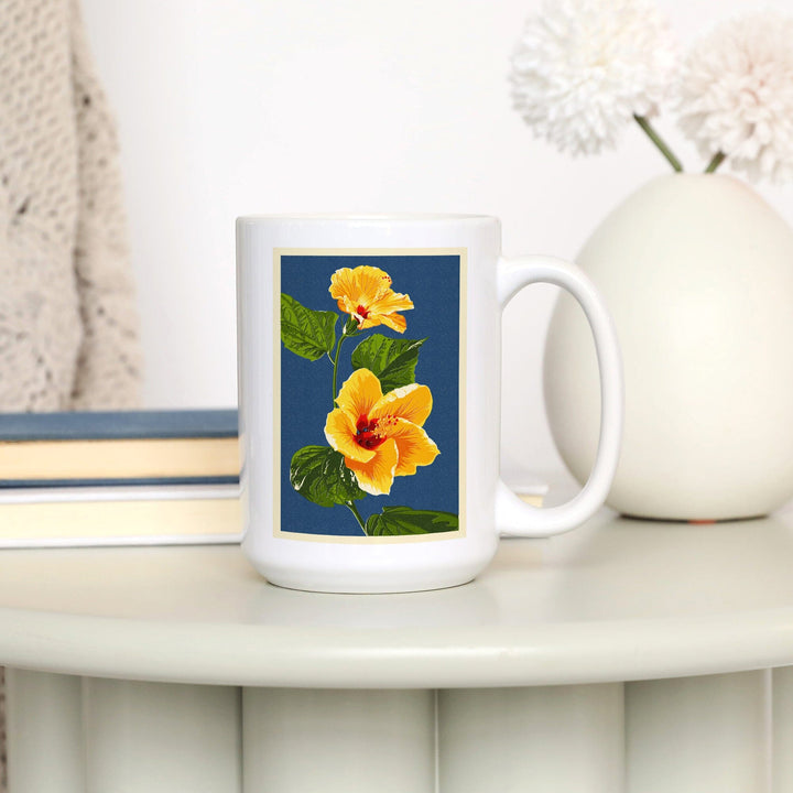 Yellow Hibiscus, Letterpress, Ceramic Mug Mugs Lantern Press 