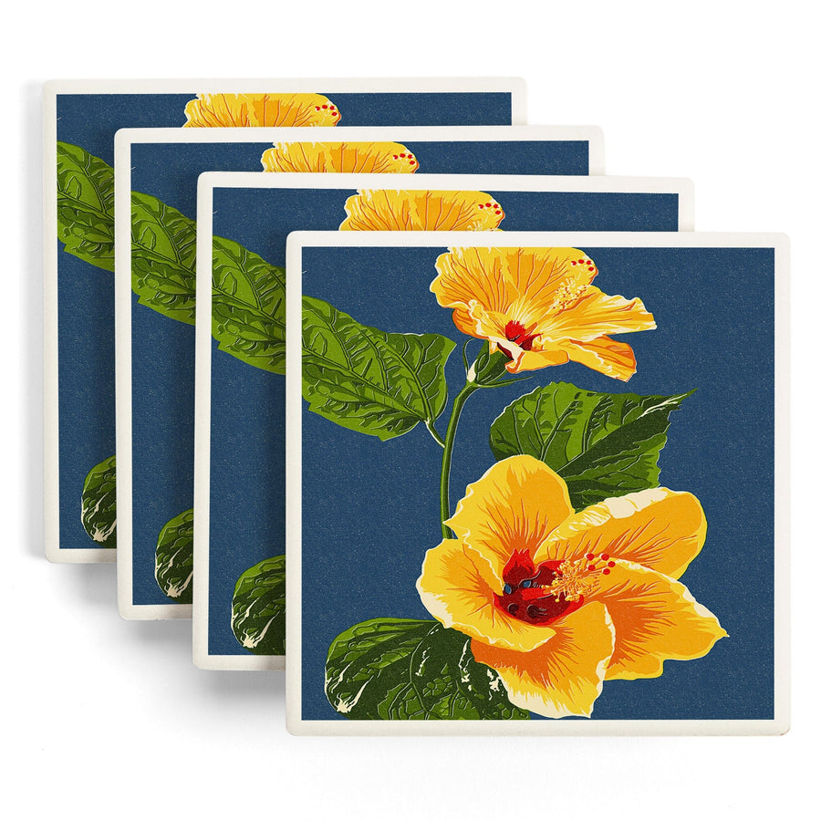 Yellow Hibiscus, Letterpress, Lantern Press Artwork, Coaster Set Coasters Lantern Press 