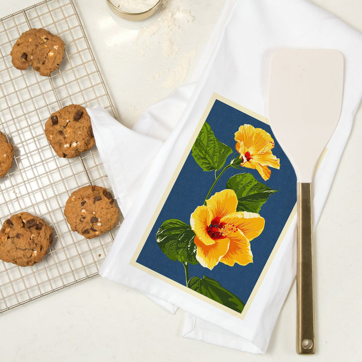 Yellow Hibiscus, Letterpress, Organic Cotton Kitchen Tea Towels Kitchen Lantern Press 