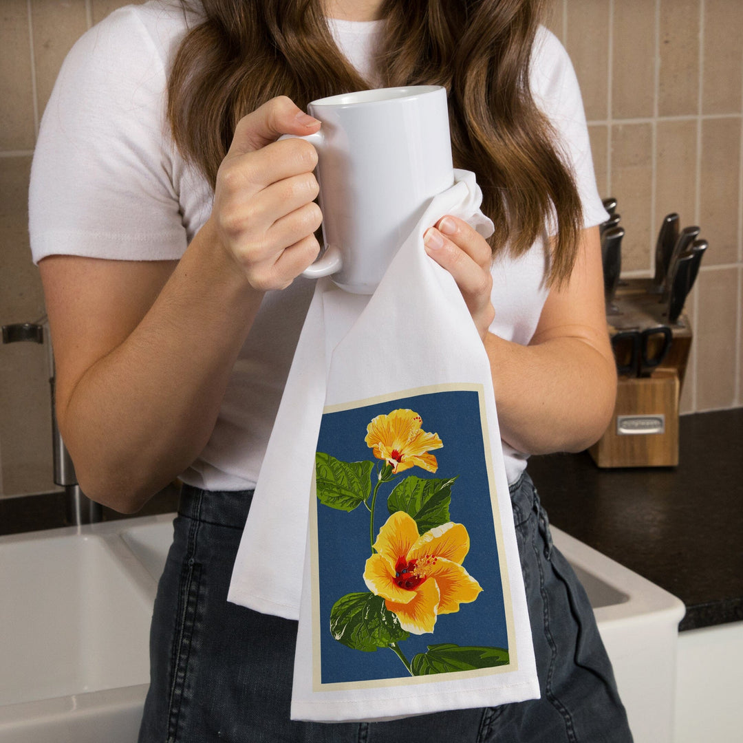 Yellow Hibiscus, Letterpress, Organic Cotton Kitchen Tea Towels Kitchen Lantern Press 