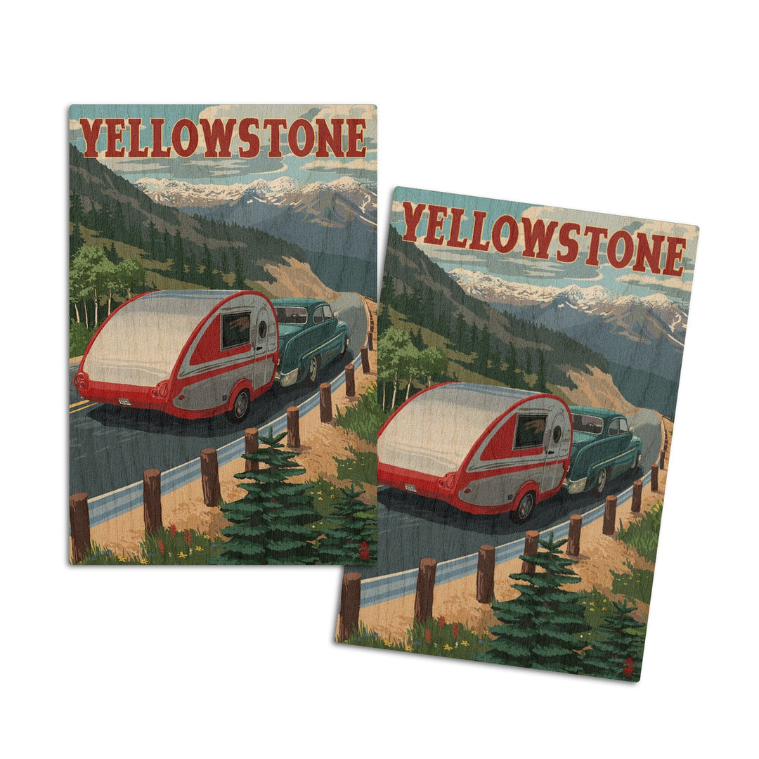 Yellowstone, Montana, Retro Camper, Lantern Press Artwork, Wood Signs and Postcards Wood Lantern Press 4x6 Wood Postcard Set 