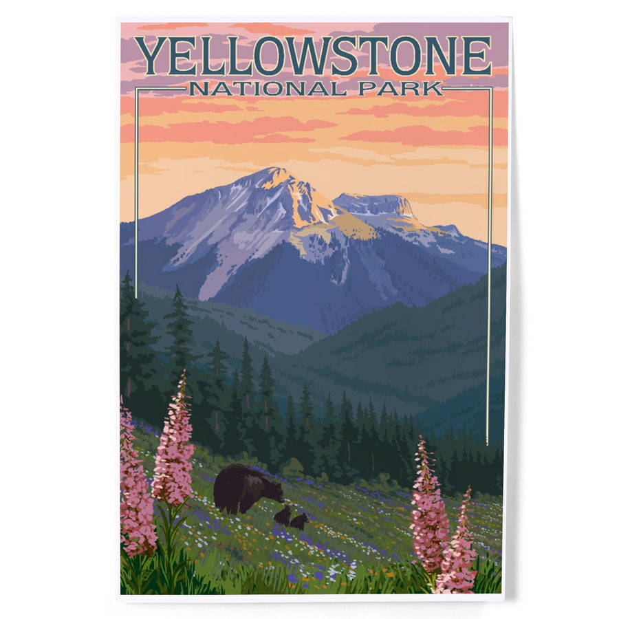 Yellowstone National Park, Bear and Spring Flowers, Art & Giclee Prints Art Lantern Press 