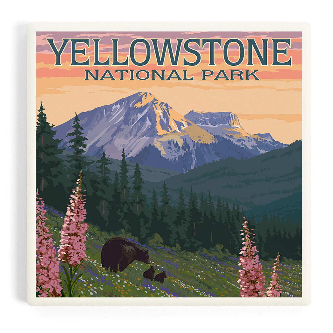 Yellowstone National Park, Bear and Spring Flowers, Coasters Coasters Lantern Press 