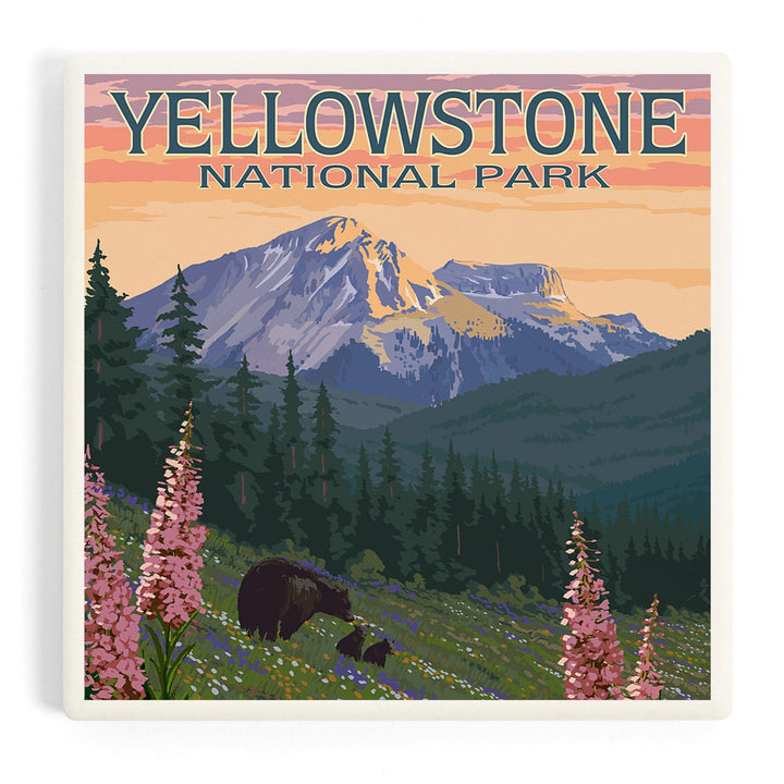 Yellowstone National Park, Bear and Spring Flowers, Coasters Coasters Lantern Press 