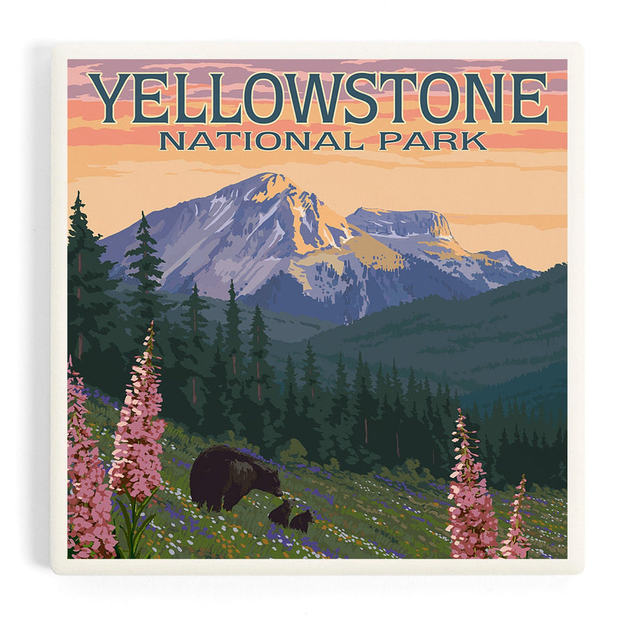 Yellowstone National Park, Bear and Spring Flowers, Coasters Coasters Lantern Press 