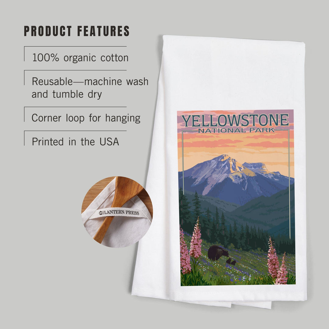 Yellowstone National Park, Bear and Spring Flowers, Organic Cotton Kitchen Tea Towels Kitchen Lantern Press 