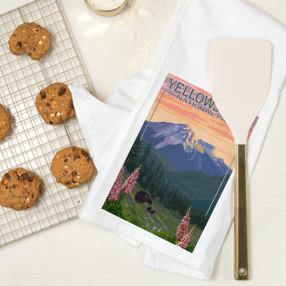 Yellowstone National Park, Bear and Spring Flowers, Organic Cotton Kitchen Tea Towels Kitchen Lantern Press 