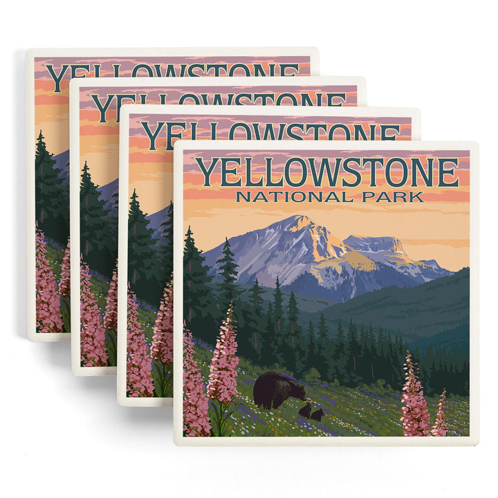 Yellowstone National Park, Bear & Spring Flowers, Lantern Press Artwork, Coaster Set Coasters Lantern Press 