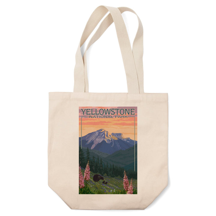 Yellowstone National Park, Bear & Spring Flowers, Lantern Press Artwork, Tote Bag Totes Lantern Press 