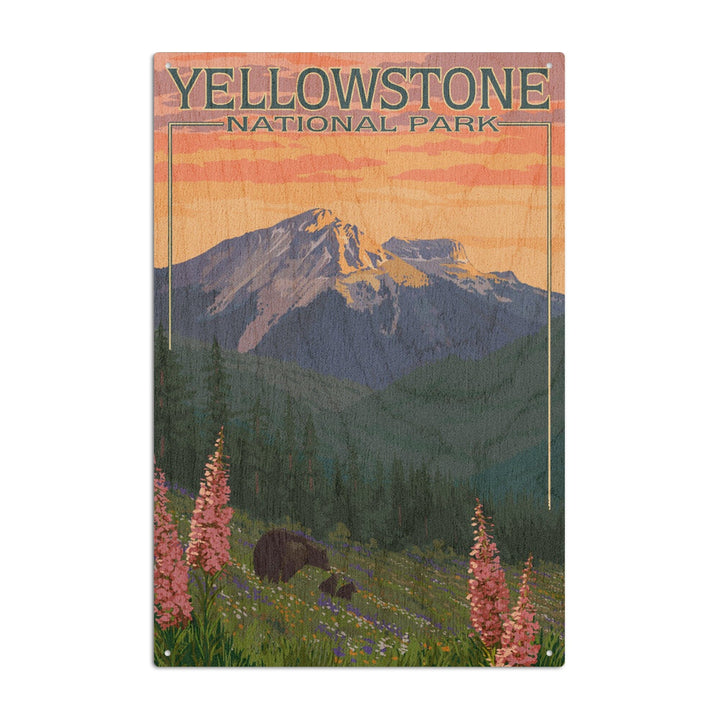 Yellowstone National Park, Bear & Spring Flowers, Lantern Press Artwork, Wood Signs and Postcards Wood Lantern Press 10 x 15 Wood Sign 